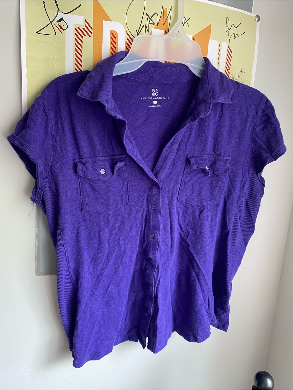 New York & Company Deep Purple Short Sleeve Button-Down Shirt